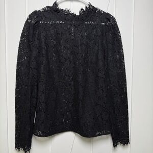 Gap Women's Long Sleeve Lace Blouse Size Medium Black Sheer High Neck